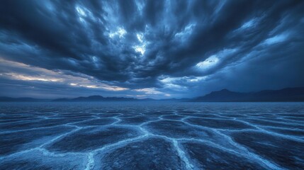 Expansive salt flat under dramatic stormy sky with mountain silhouettes at horizon during twilight