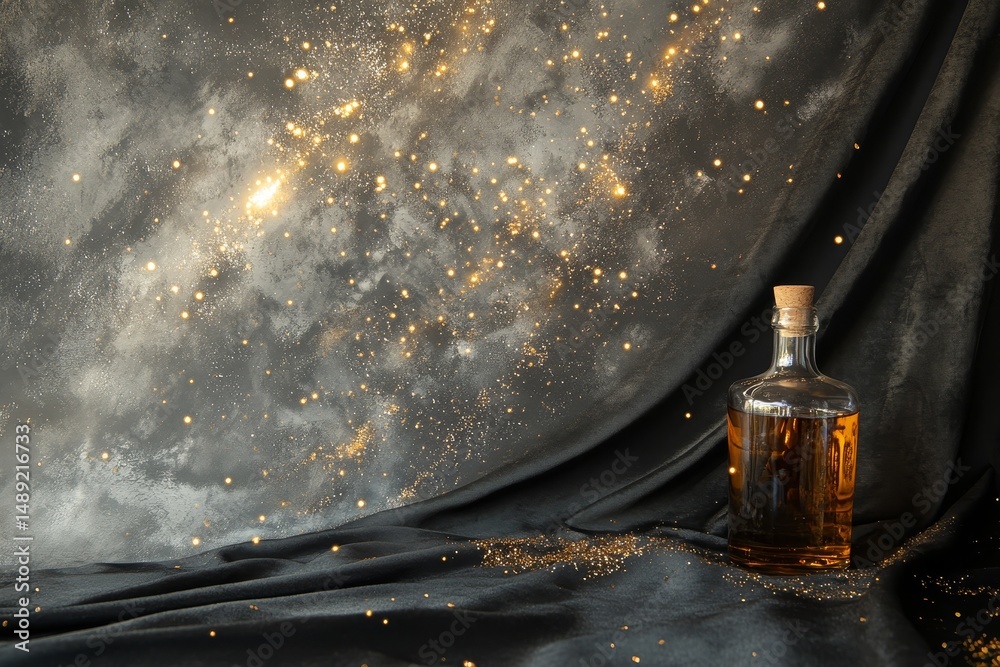 Poster Elegant dark backdrop with golden sparkles and a bottle.