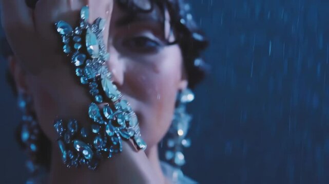 Jeweled Embrace: A portrait of a person delicately holding a radiant, gem-studded bracelet against the backdrop of a rain shower, encapsulating glamour and allure.