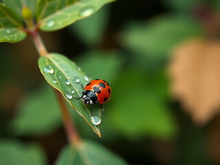 Close-up of a ladybug on a leaf with water droplets in a natural green environment