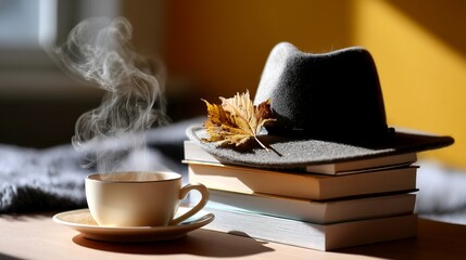 Cozy autumn scene steaming beverage, hat on books, and falling maple leaf