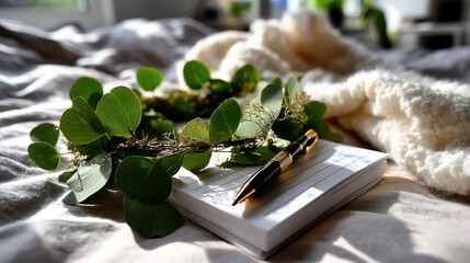 Cozy bed setting with foliage, pen, and notepad, illuminated by sunlight