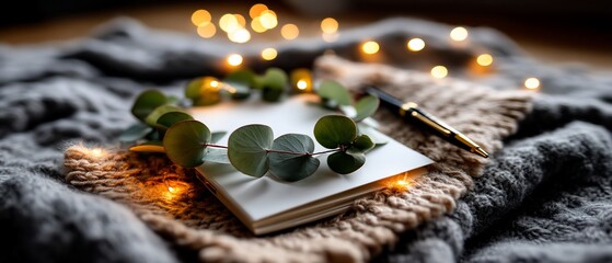 Cozy scene notepad, eucalyptus, pen, lights on blankets