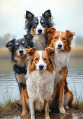 Four attentive and serene border collie dogs sitting close together by a calm water body with muted natural background