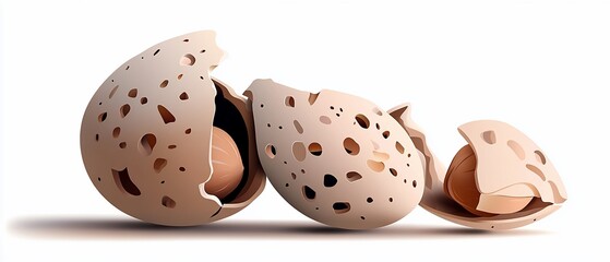 Cracked speckled eggs with inner contents exposed on a white surface