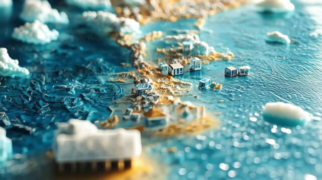 Coastal Cityscape Miniature: A captivating close-up of a miniature coastal cityscape, showcasing intricate details and vibrant blue hues.