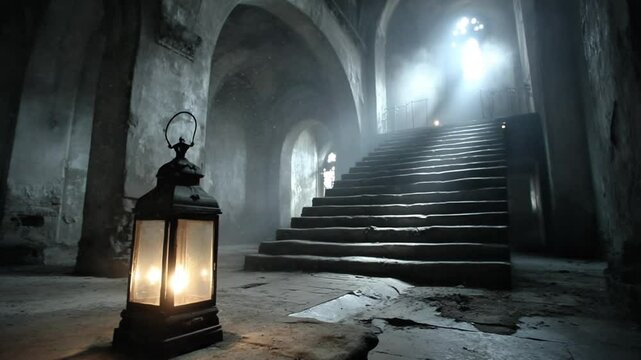 Old Stone Staircase Lit by Lantern During Blackout, Rustic Emergency Lighting Scene - AI