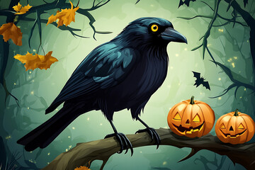 A black crow perched on a branch beside two carved pumpkins in a spooky forest setting