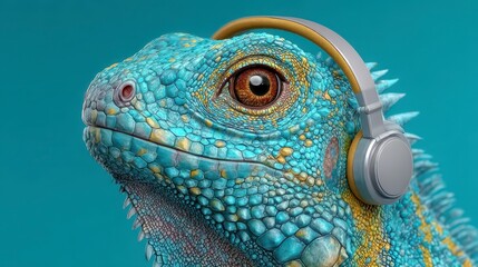 Fototapeta premium Cool Turquoise Iguana Listening to Music in Headphones