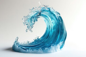A translucent blue wave sculpture, frozen mid-curl, with a foamy base