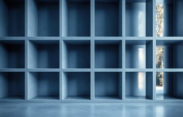 Empty blue cubical shelving unit with sunlight coming through grid opening onto smooth floor