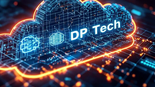 DP Tech Digital Cloud: A striking digital rendering showcases a luminous cloud, intricately designed with interconnected circuits, symbolizing technological innovation, hosting DP Tech, data transfer.