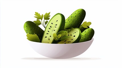 Cucumbers and parsley arranged in a white bowl, isolated on a white background