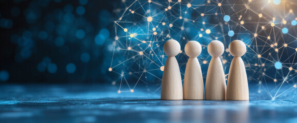 Three groups of individuals are linked by lines. Coordination and knowledge exchange. Outsourcing. Business model of teams. Self-organizing structure innovation. High autonomy of company teams.