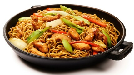  Chicken Chow Mein in a Skillet on the white background