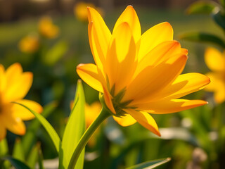 Obraz premium Vibrant yellow flower in soft focus illuminated by sunlight on a bright sunny day.