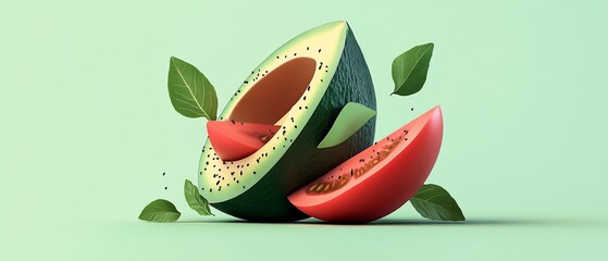Cut avocado, tomatoes, and leaves float on a soft green background