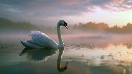 Obraz premium Elegant Swan Floating Gracefully on a Still Lake at Dawn