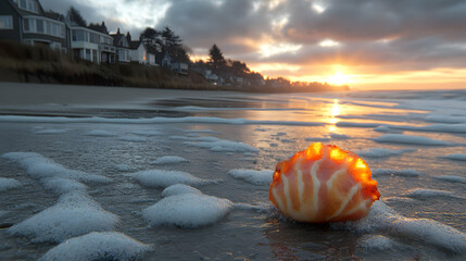 Serene coastal sunset with unique shell illuminating the tranquil waters edge