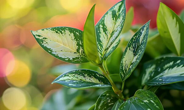 Green Aglaonema Leaves with White and Yellow Variegation Against Bokeh Background in Red and Yellow Hues