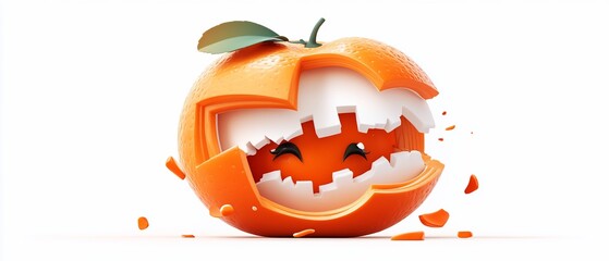 Cute, sliced orange character with smiling face and green leaf on top