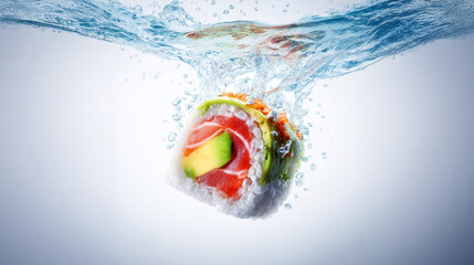 Fresh Sushi Roll Suspended in a Splash