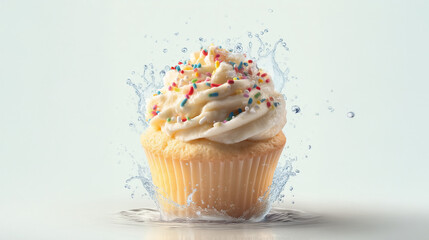 Frosted Cupcake with Sprinkles Twirling in Water Droplets with Bright Studio Light