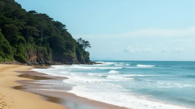 Ocean waves rolling onto a sandy beach, bordered