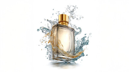 Elegant Perfume Bottle Suspended in a Water Splash with Glamorous Lighting
