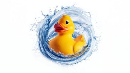 Vibrant Yellow Rubber Duck Suspended in a Water Splash with Playful Light