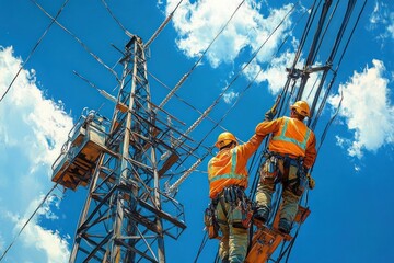 Two construction workers in orange safety gear climbing and working on electrical power lines on a tall metal transmission tower under a bright blue sky with scattered clouds