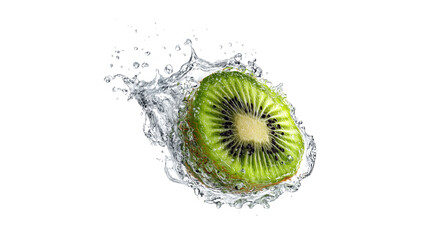 Sliced Kiwi Fruit Frozen Mid-Air in a Spiraling Water Splash