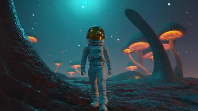 Stylized humanoid astronaut exploring an alien landscape, vibrant cinematic colors 