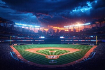 Dramatic view of a baseball stadium during sunset with dark stormy clouds, illuminated field lights, and a city skyline in the background filled with spectators