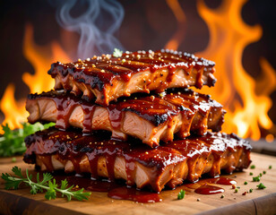steaks cooking over flaming grill