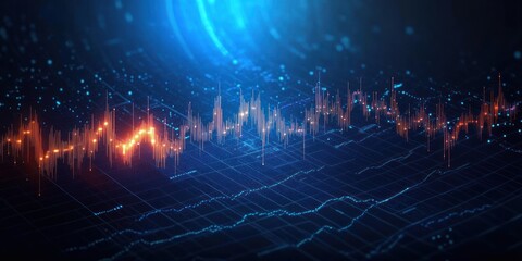 Digital glowing data visualization with fluctuating orange and blue bar graphs and wave lines on a dark grid background conveying analytics and technology