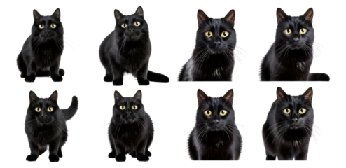 Charming Black Cat Portraits Showcasing Various Expressions and Poses, Isolated on Transparent, white background