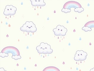 A playful pattern featuring cute clouds, rainbows, and tiny raindrops with happy faces, designed in a bright and cheerful color palette