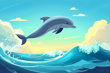 Obraz premium A playful dolphin leaps from vibrant ocean waves under a colorful sunset sky