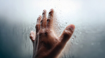 Fingers Touching Raindrops on a Windowpane Closeup on White