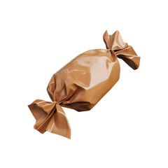Single Caramel Candy in Glossy Wrapper, Isolated on Black Background
