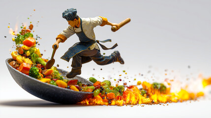 Tilt-Shift Isometric View of a Chef Tossing Vegetables in a Wok
