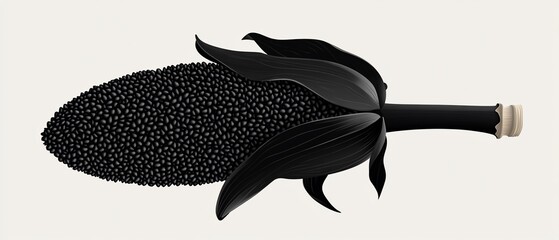 Dark, surreal plant Dense black seeds, leaves, stem on soft cream background