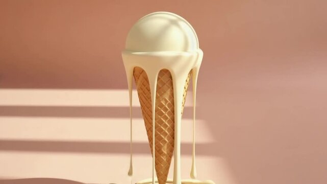 Stylized melting ice cream cone on a flat summer surface, melting rhythmically in the heatCamera MovementSlow dolly zoom towards the melting scoop 