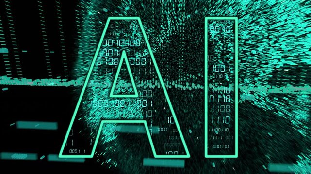 High-Tech AI Typography with Binary Data Explosion, Artificial Intelligence Concept with Digital Code and Matrix Lines, Futuristic Data Stream Forming AI Letters in Cyberspace