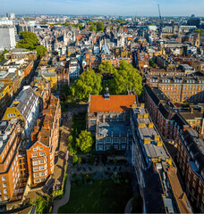 Aerial view of the historic Royal Courts of Justice in London's legal district on a clear day