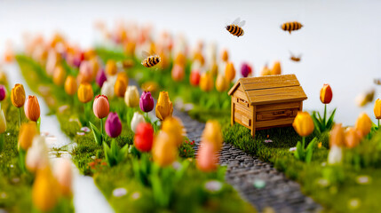 Miniature Spring Garden with Blooming Tulips and Beehive