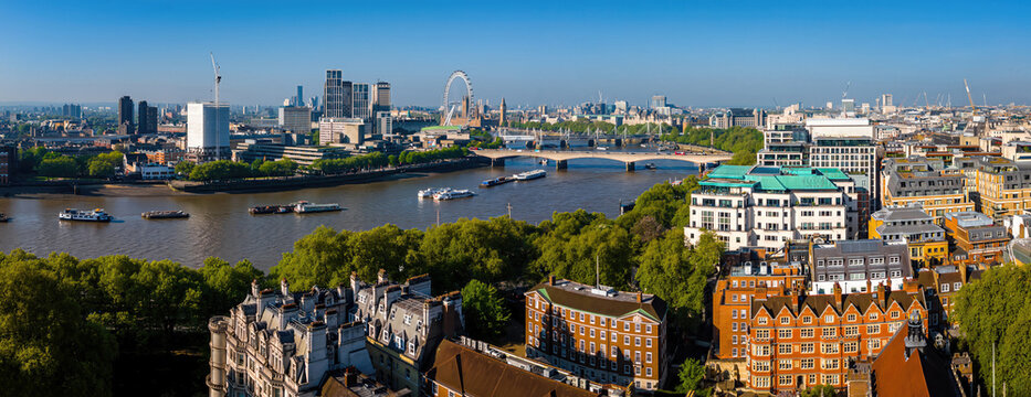 Wide aerial view of central London skyline and the River Thames on a sunny day with modern skyscrapers and boats