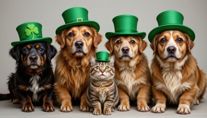 Group of Dogs and a Cat Wearing Green Hats Together Celebrating a Festive Occasion