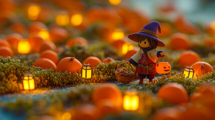 Miniature Witch Child Trick-or-Treating in Pumpkin Patch